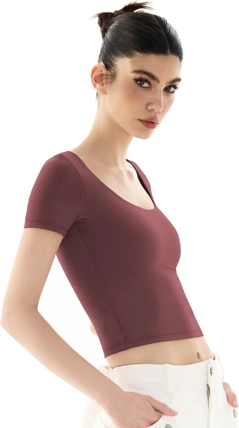 PUMIEY Women's Scoop Neck Short Sleeve T Shirt Slim Fit Sexy Tops Smoke Cloud Collection