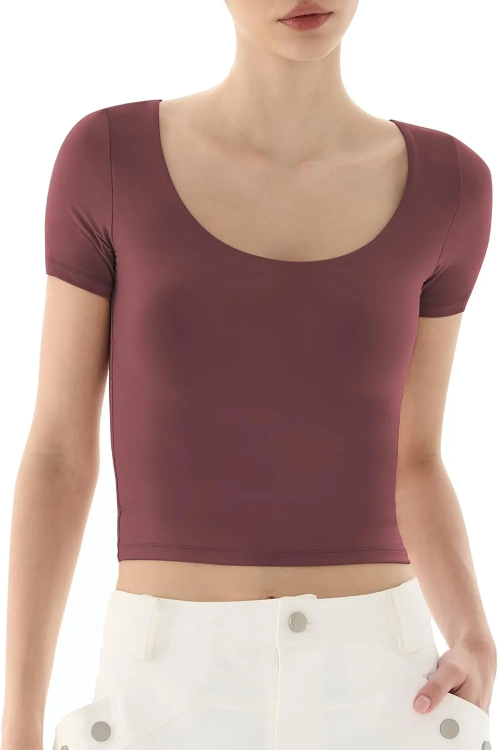 PUMIEY Women's Scoop Neck Short Sleeve T Shirt Slim Fit Sexy Tops Smoke Cloud Collection