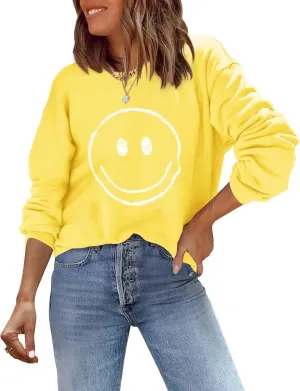 ReachMe Womens Smile Face Sweatshirt Cute Trendy Graphic Sweatshirts Casual Loose Long Sleeve Crewneck Pullover Tops