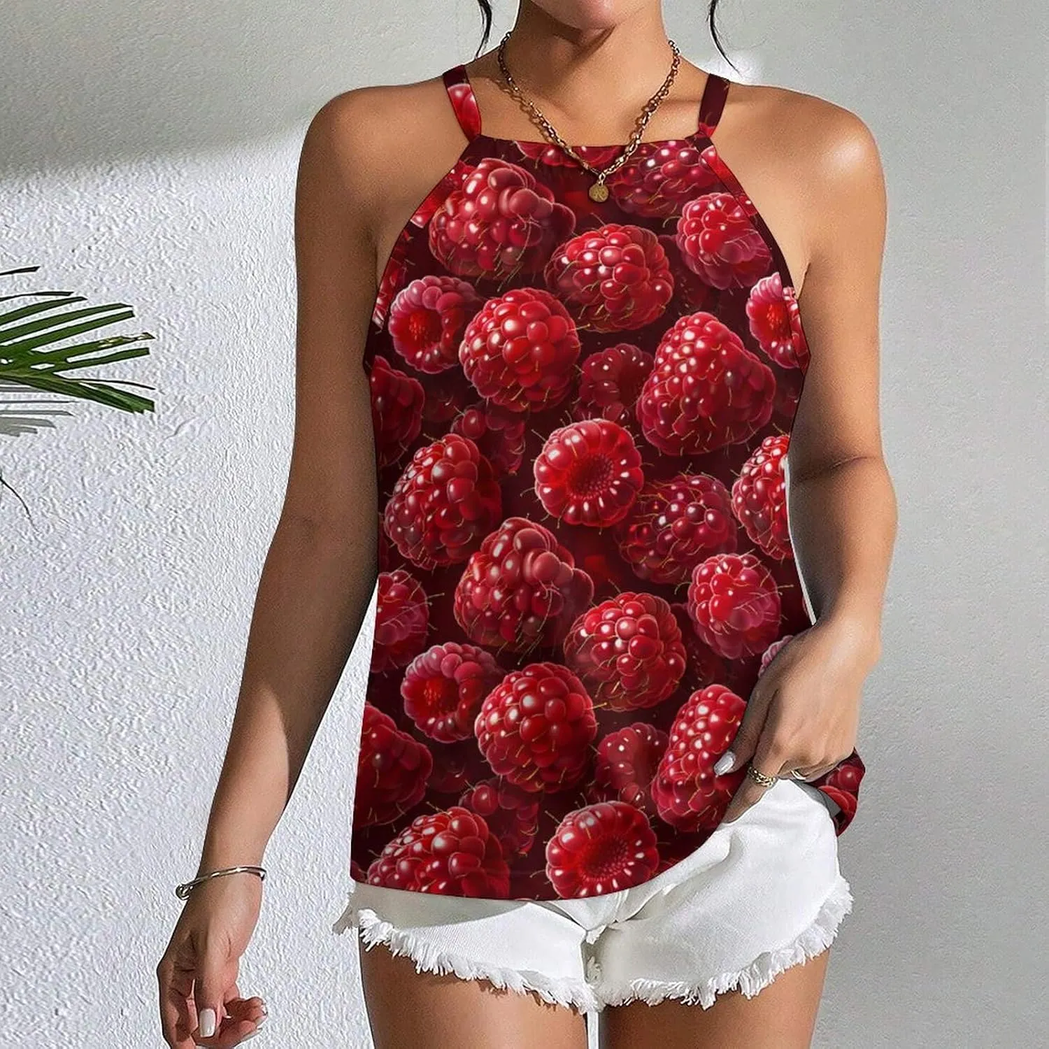 Red Raspberry Women's Tank Top Sleeveless Spaghetti Straps Tie Back Print T-shirt Tops