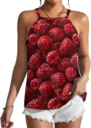 Red Raspberry Women's Tank Top Sleeveless Spaghetti Straps Tie Back Print T-shirt Tops