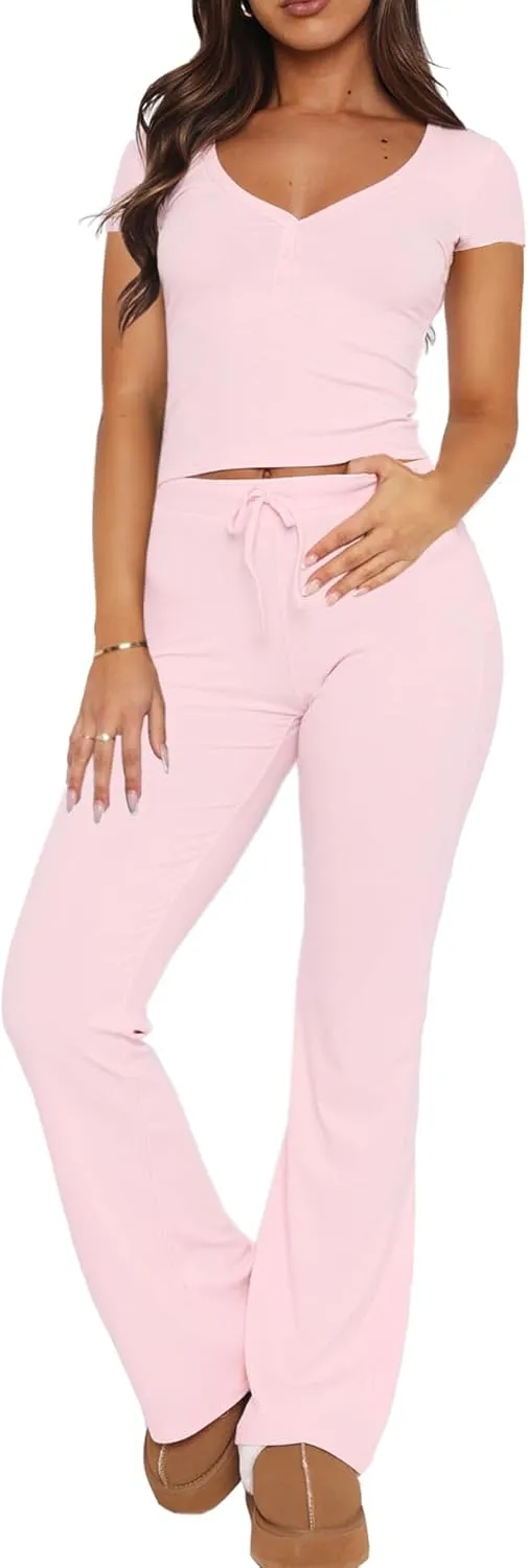 REVETRO Women's 2 Piece Lounge Sets Summer Short Sleeve Tops Fitted Pants Sexy Pajama Set Y2k Matching Set