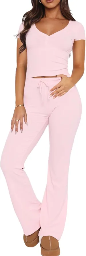 REVETRO Women's 2 Piece Lounge Sets Summer Short Sleeve Tops Fitted Pants Sexy Pajama Set Y2k Matching Set