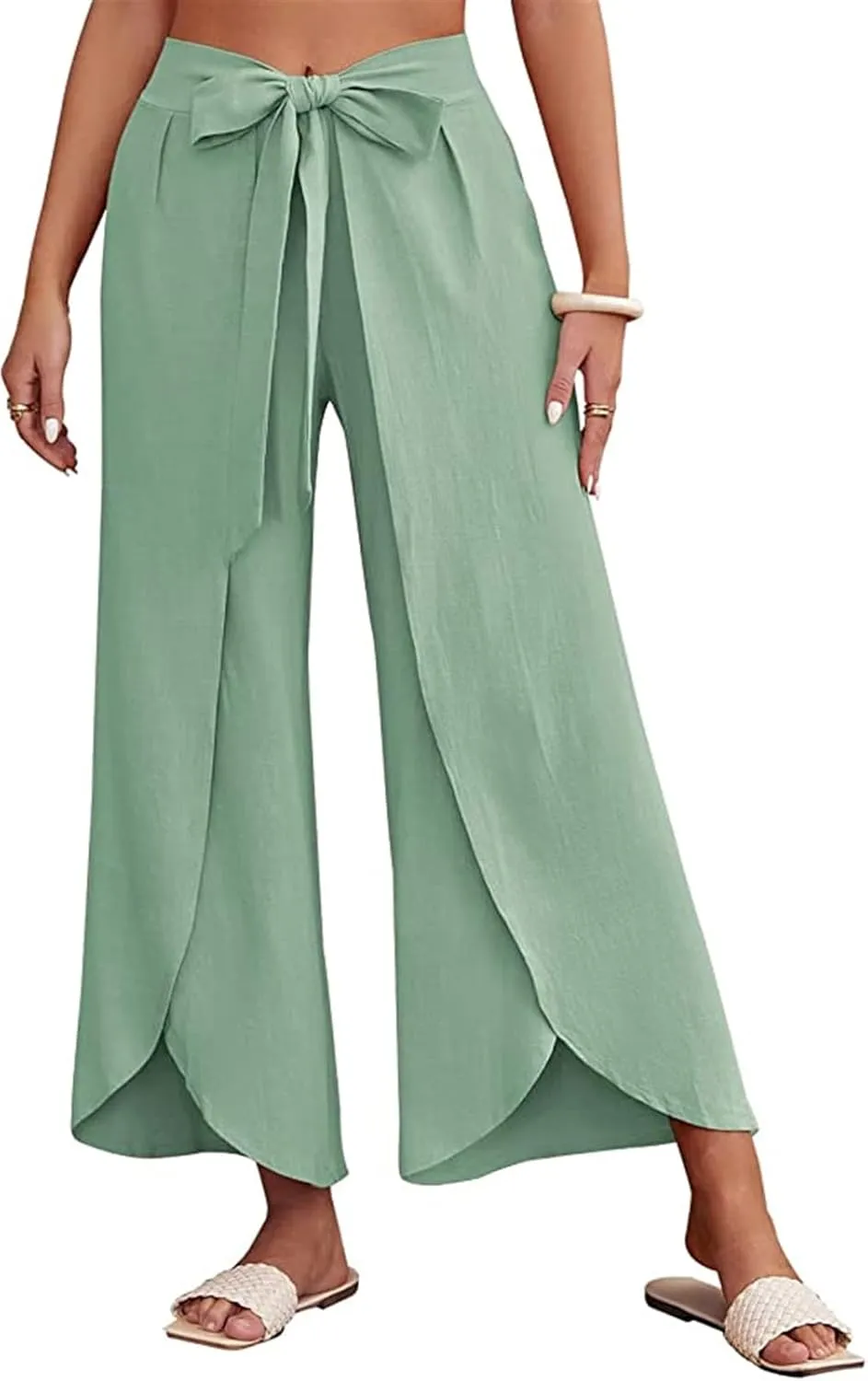 Reyox Women's High Waist Side Split Slit Wide Leg Pants Tie Front Lounge Pants