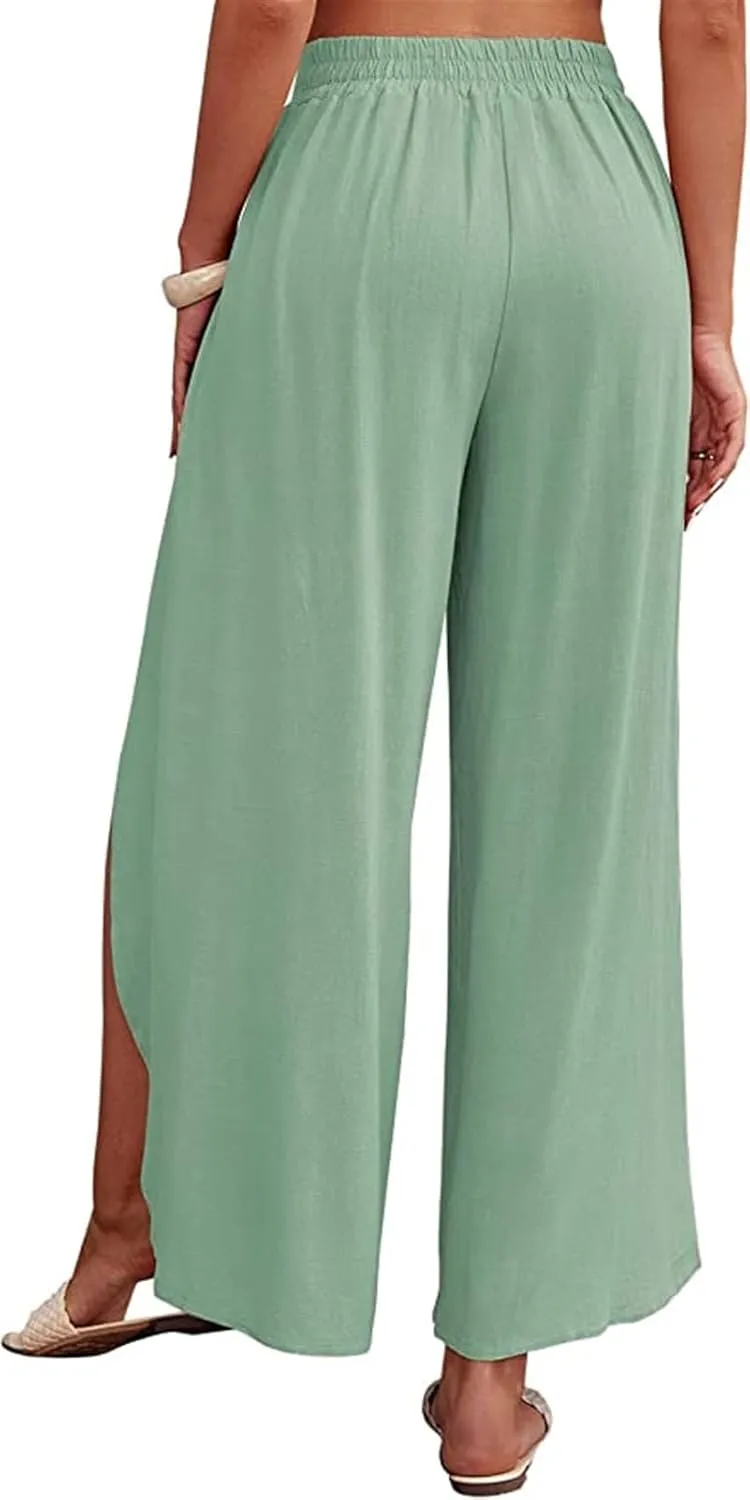Reyox Women's High Waist Side Split Slit Wide Leg Pants Tie Front Lounge Pants