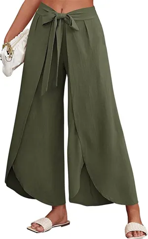 Reyox Women's High Waist Side Split Slit Wide Leg Pants Tie Front Lounge Pants