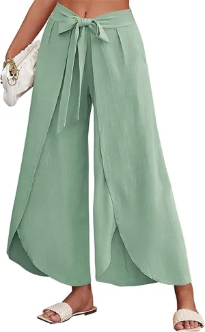 Reyox Women's High Waist Side Split Slit Wide Leg Pants Tie Front Lounge Pants