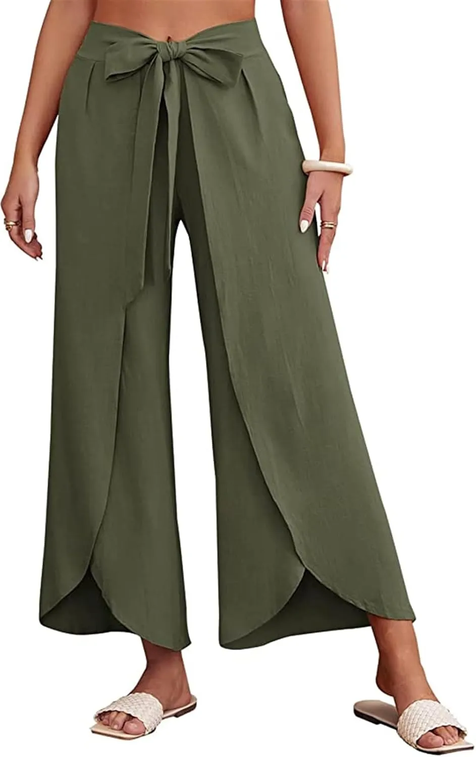 Reyox Women's High Waist Side Split Slit Wide Leg Pants Tie Front Lounge Pants
