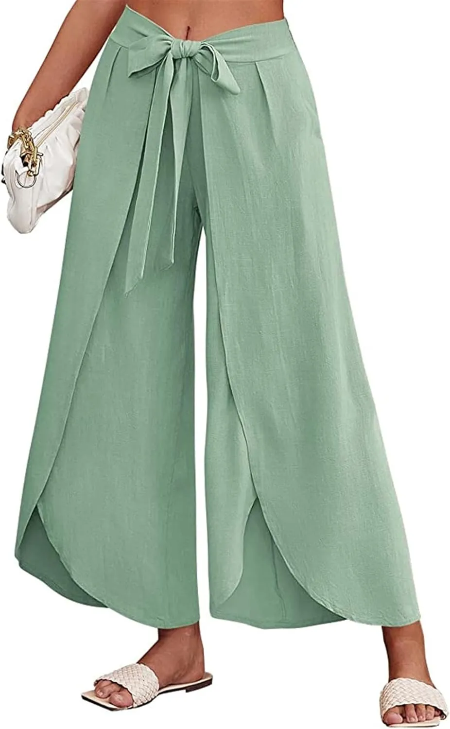 Reyox Women's High Waist Side Split Slit Wide Leg Pants Tie Front Lounge Pants