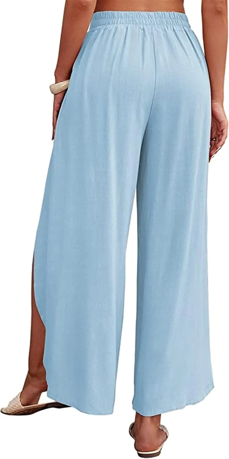 Reyox Women's High Waist Side Split Slit Wide Leg Pants Tie Front Lounge Pants