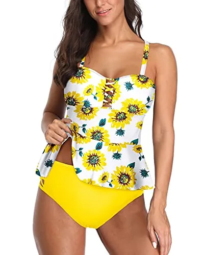 Ruffle Women Tankini Swimsuits Tummy Control Bathing Suits-Yellow And Sunflower