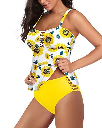 Ruffle Women Tankini Swimsuits Tummy Control Bathing Suits-Yellow And Sunflower