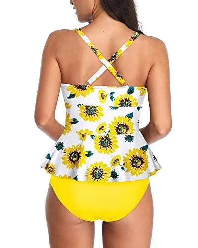 Ruffle Women Tankini Swimsuits Tummy Control Bathing Suits-Yellow And Sunflower
