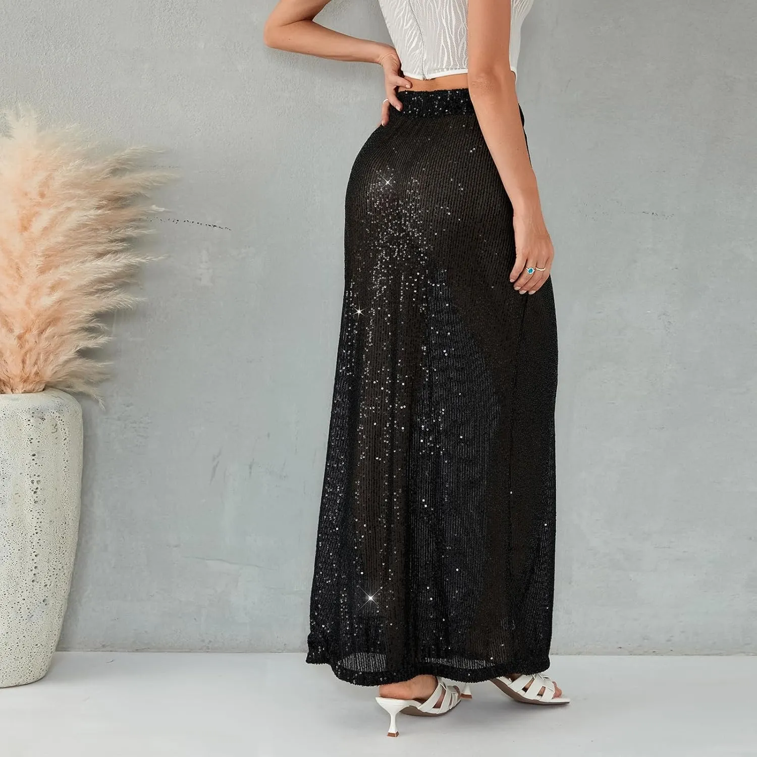 Sequin Skirt for Women Low Waist Disco Dresses Skirt Sparkle Glitter Party Night Mermaid Flowy Long Maxi Skirt