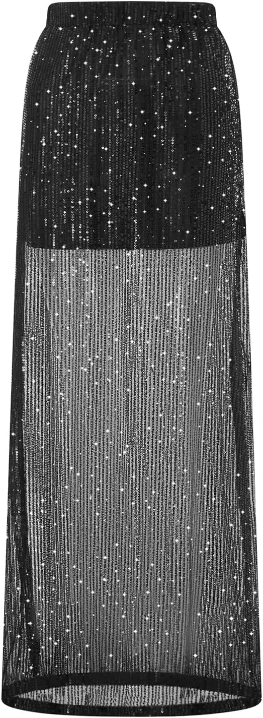 Sequin Skirt for Women Low Waist Disco Dresses Skirt Sparkle Glitter Party Night Mermaid Flowy Long Maxi Skirt