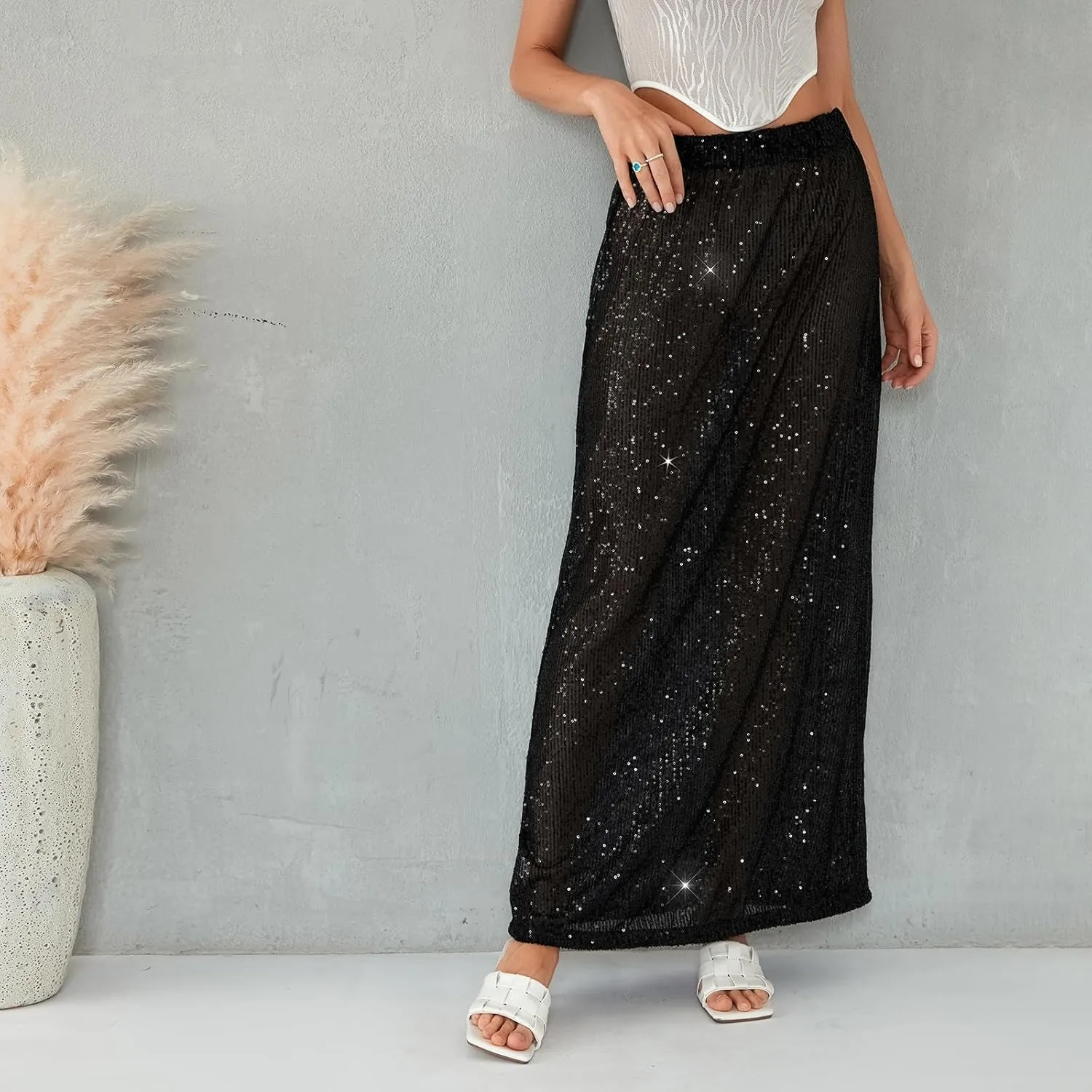 Sequin Skirt for Women Low Waist Disco Dresses Skirt Sparkle Glitter Party Night Mermaid Flowy Long Maxi Skirt