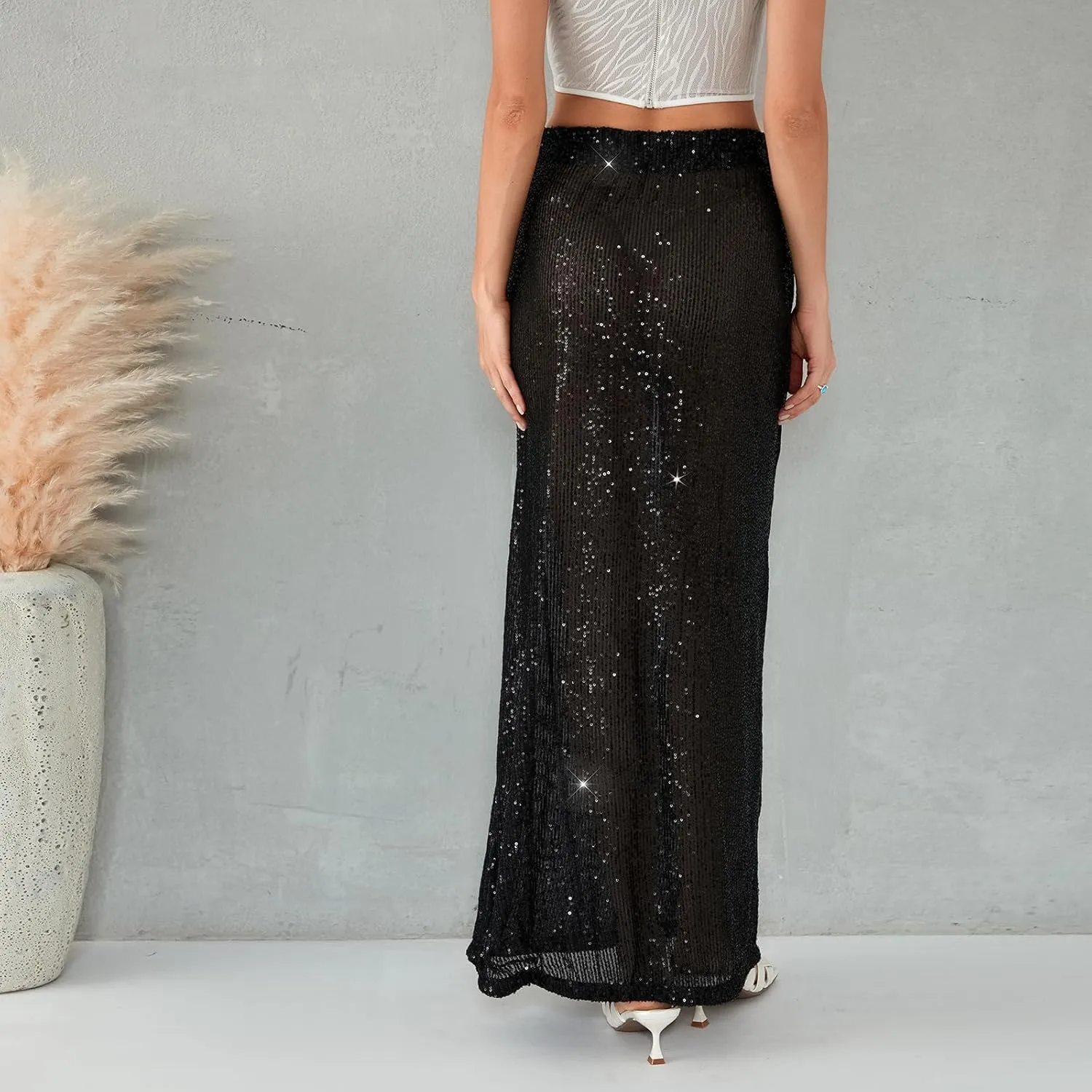 Sequin Skirt for Women Low Waist Disco Dresses Skirt Sparkle Glitter Party Night Mermaid Flowy Long Maxi Skirt