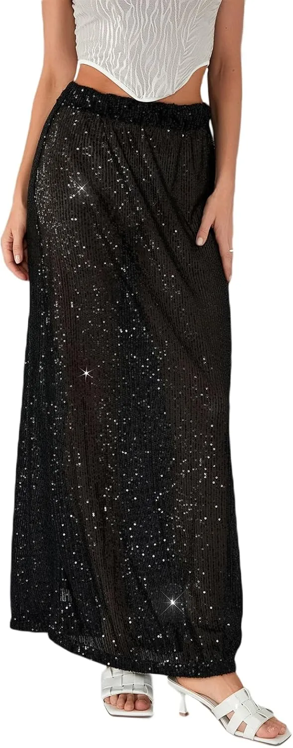 Sequin Skirt for Women Low Waist Disco Dresses Skirt Sparkle Glitter Party Night Mermaid Flowy Long Maxi Skirt