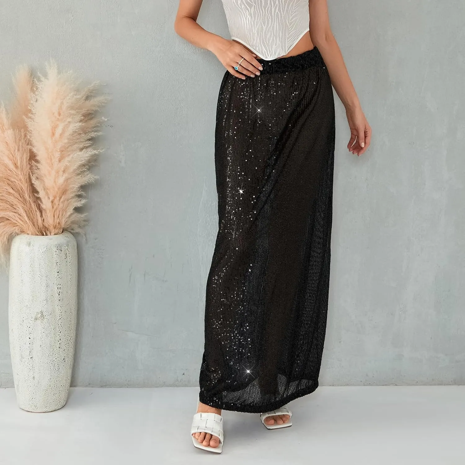 Sequin Skirt for Women Low Waist Disco Dresses Skirt Sparkle Glitter Party Night Mermaid Flowy Long Maxi Skirt