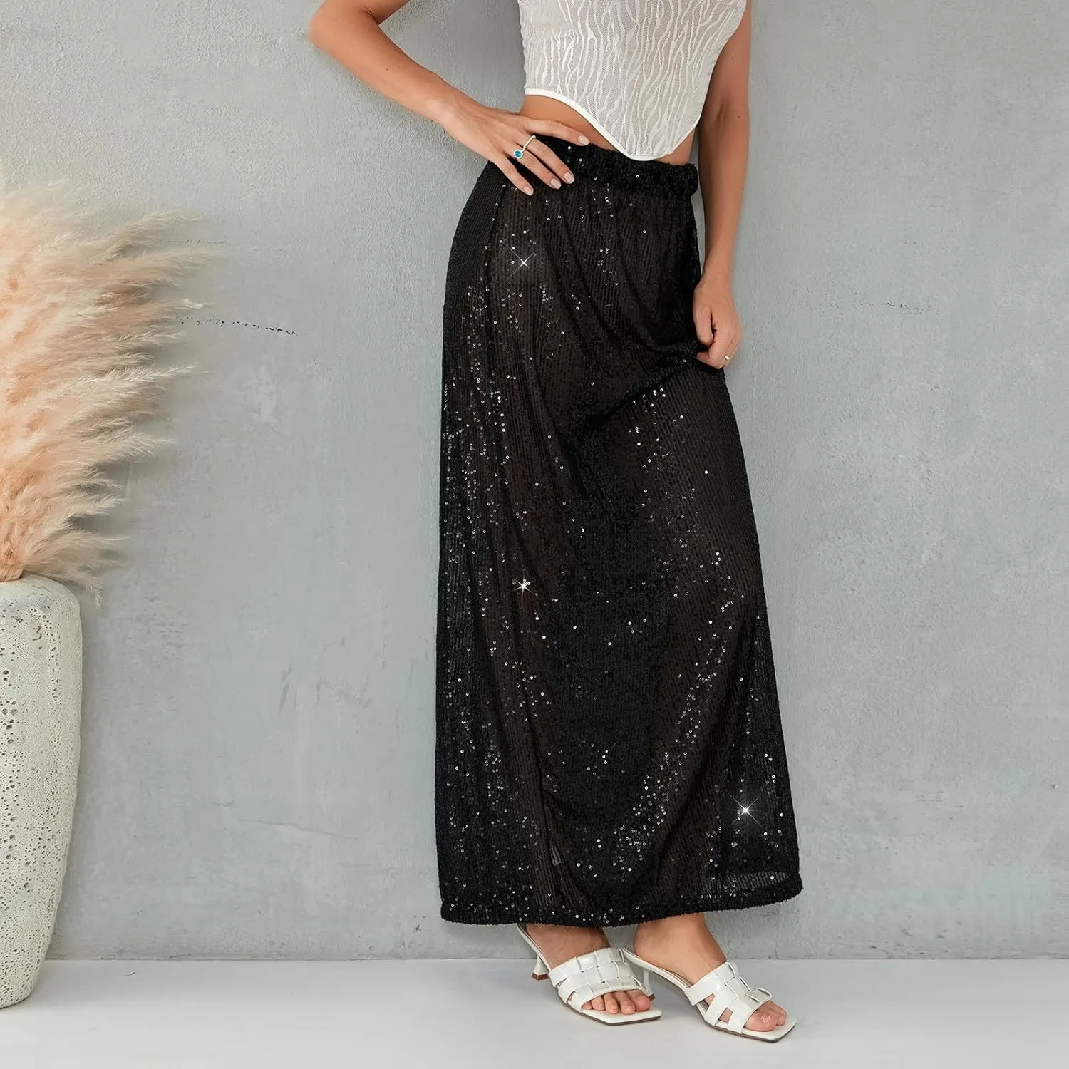 Sequin Skirt for Women Low Waist Disco Dresses Skirt Sparkle Glitter Party Night Mermaid Flowy Long Maxi Skirt