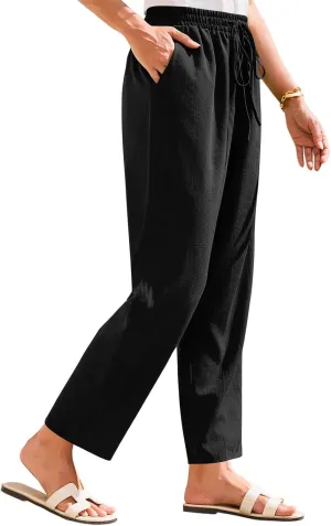 SGASY Women's Cotton Linen Straight Leg Pants Elastic Drawstring Casual Trousers with Pockets Summer Beach Lounge Trouser