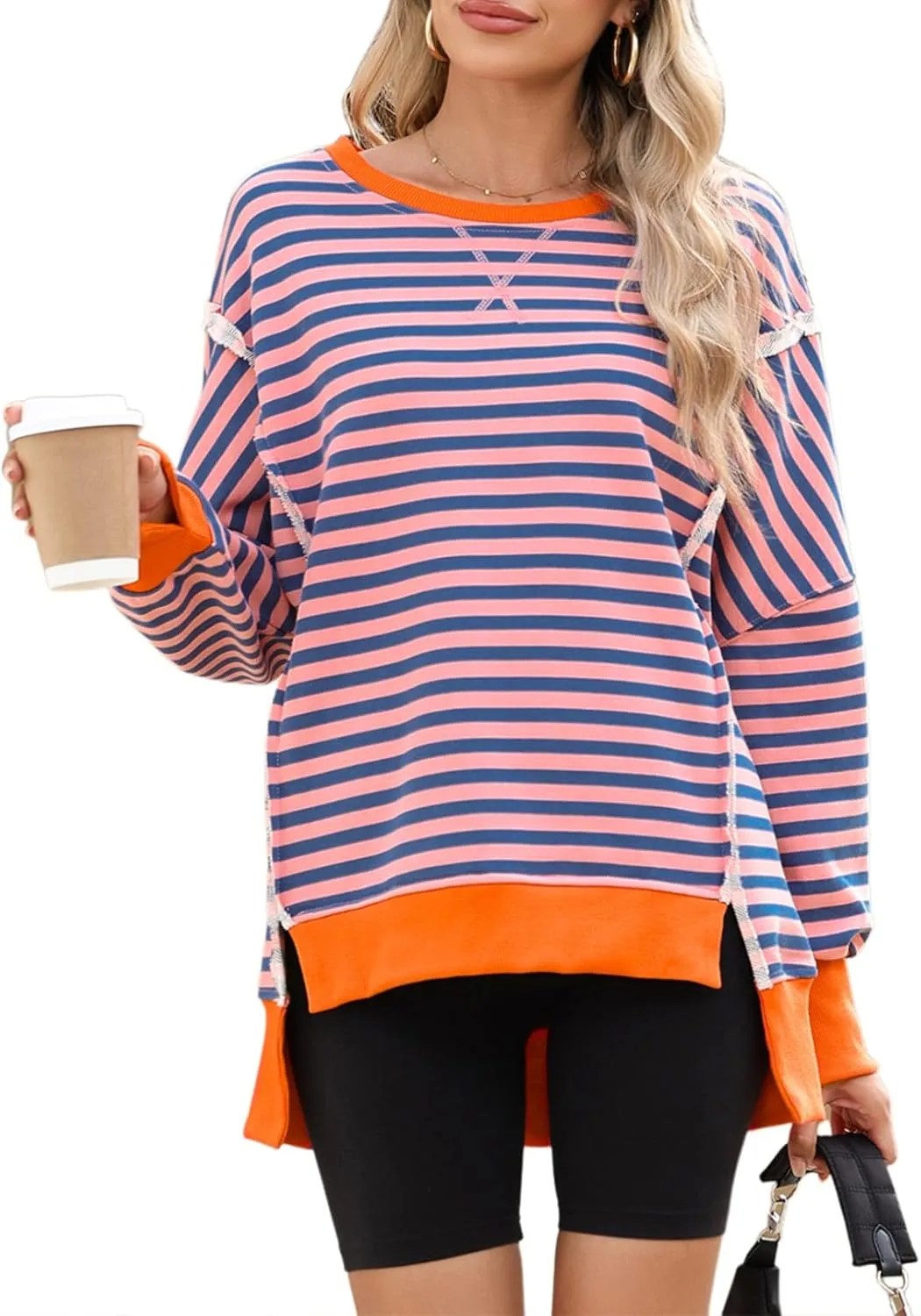 SHEWIN Womens Oversized Reverse Seam Sweatshirt Casual Long Sleeve Crewneck Lightweight Pullover Tops Loose Sweatshirts