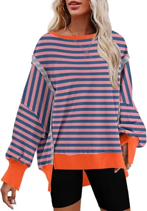 SHEWIN Womens Oversized Reverse Seam Sweatshirt Casual Long Sleeve Crewneck Lightweight Pullover Tops Loose Sweatshirts