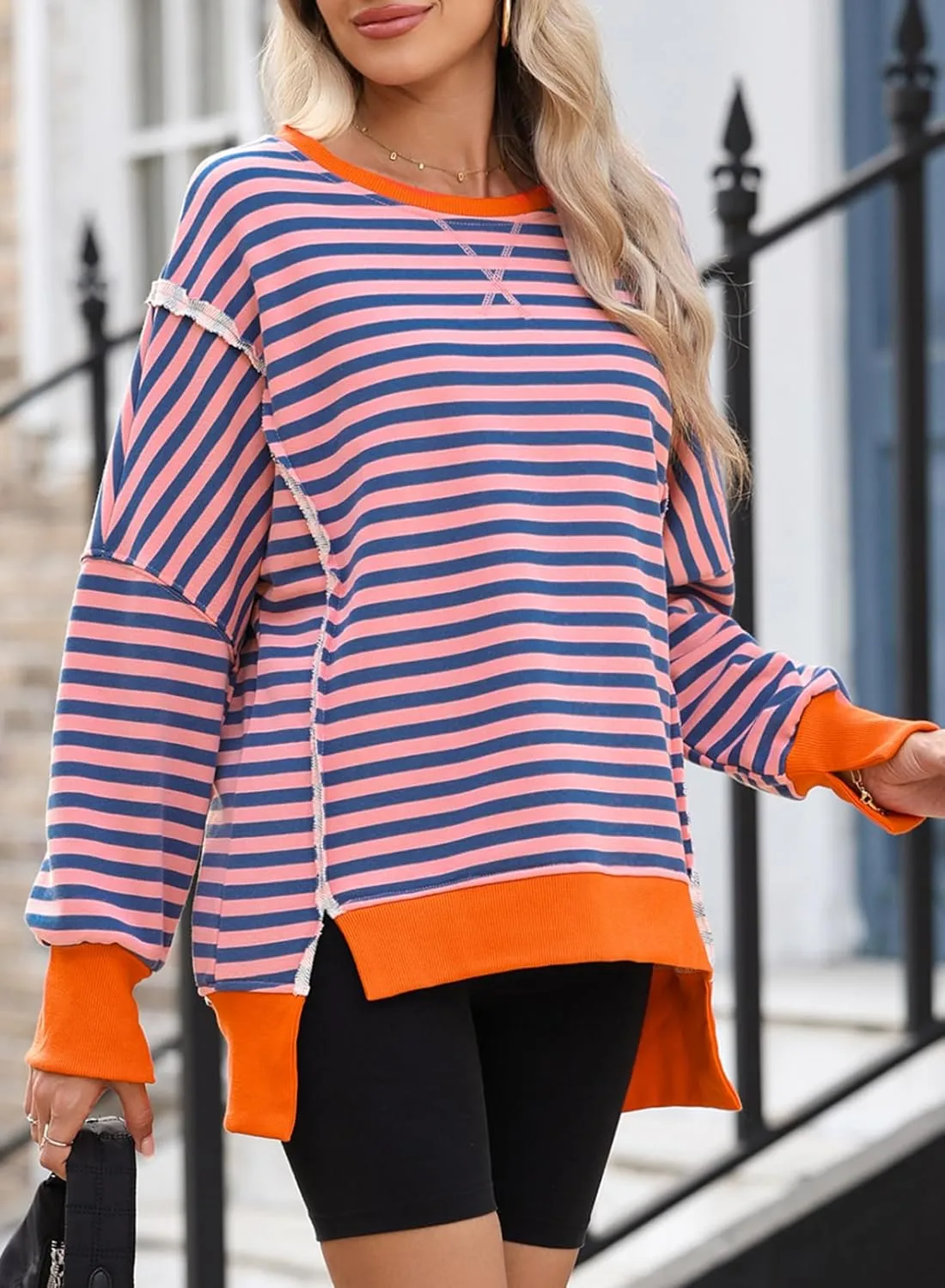 SHEWIN Womens Oversized Reverse Seam Sweatshirt Casual Long Sleeve Crewneck Lightweight Pullover Tops Loose Sweatshirts
