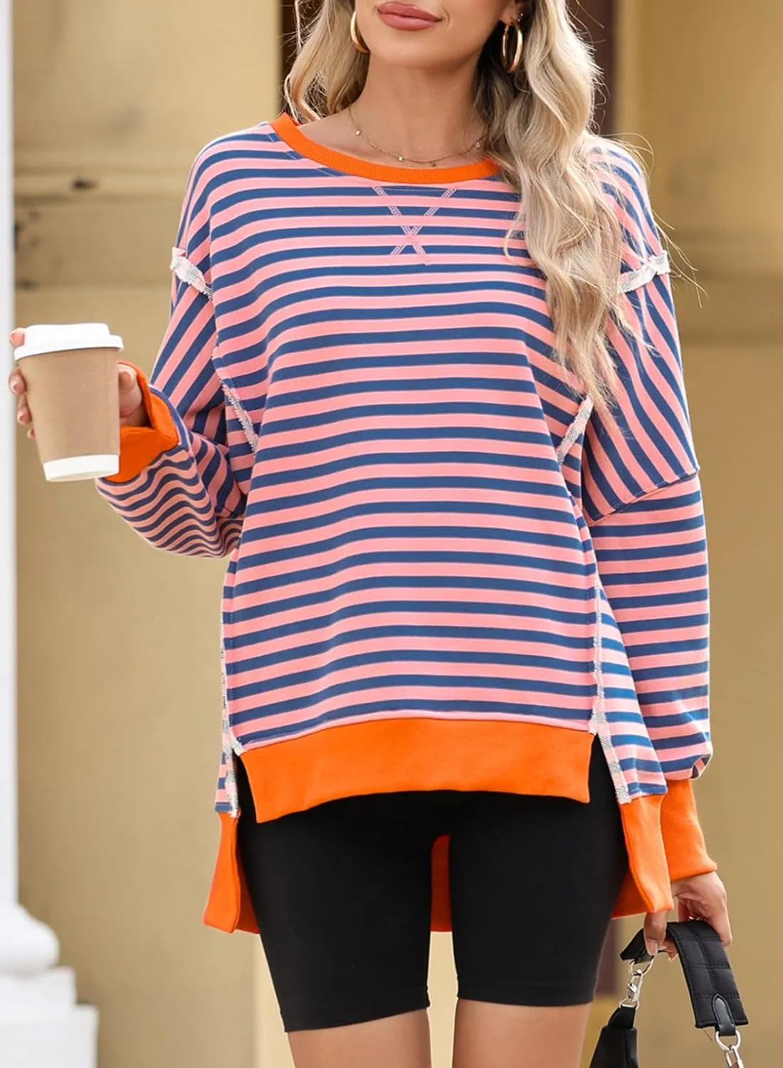 SHEWIN Womens Oversized Reverse Seam Sweatshirt Casual Long Sleeve Crewneck Lightweight Pullover Tops Loose Sweatshirts