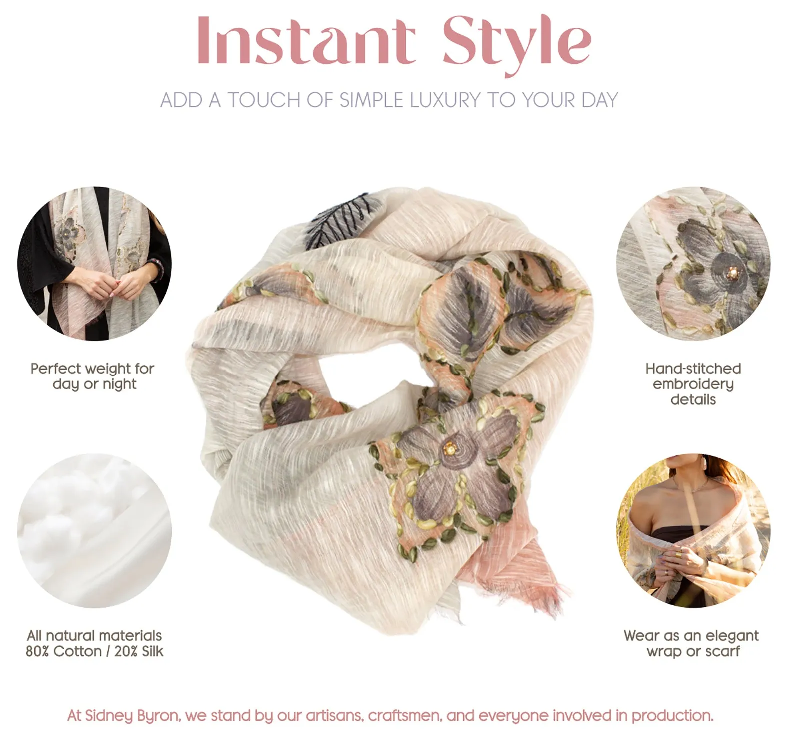 Sidney Byron - Aventura Long Shawl for Women - Large Infinity Travel Scarf, Summer Silk Shawl, Breathable Lightweight Scar for Women, Pink and Cream Scarf, 72" x 23"