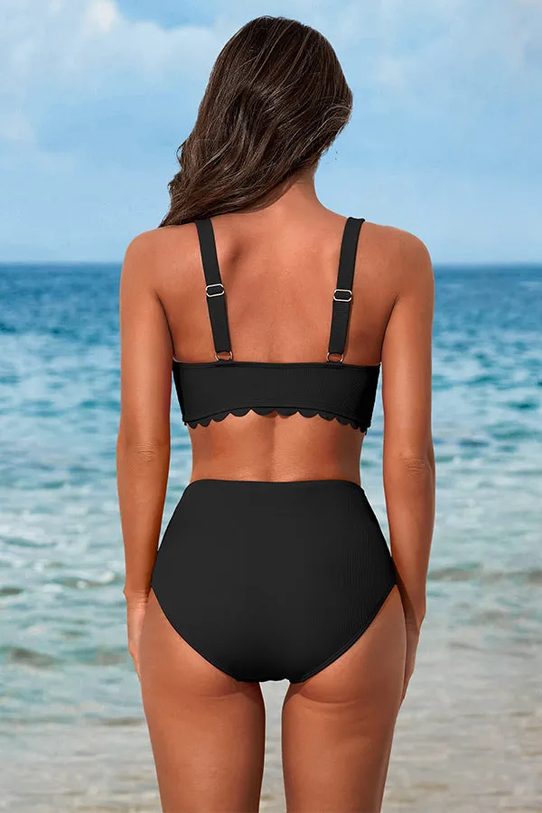 Solid Color U Neck Scalloped Wide Strap Bikini Suits