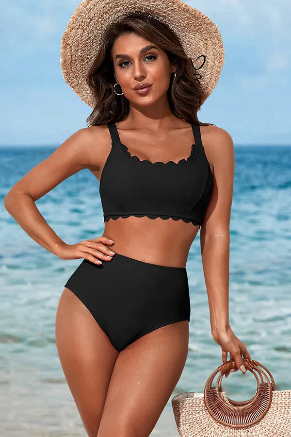 Solid Color U Neck Scalloped Wide Strap Bikini Suits