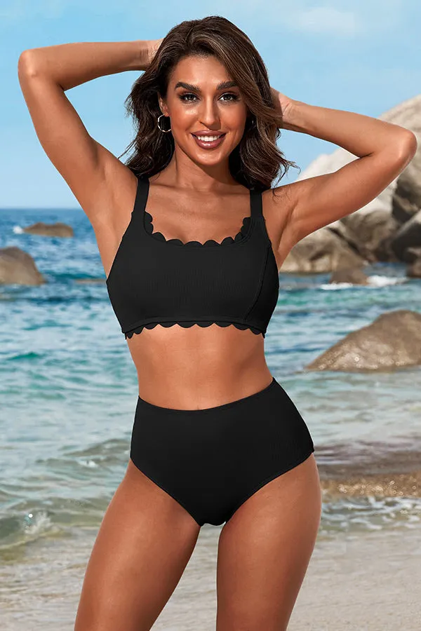 Solid Color U Neck Scalloped Wide Strap Bikini Suits