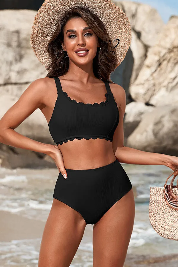 Solid Color U Neck Scalloped Wide Strap Bikini Suits