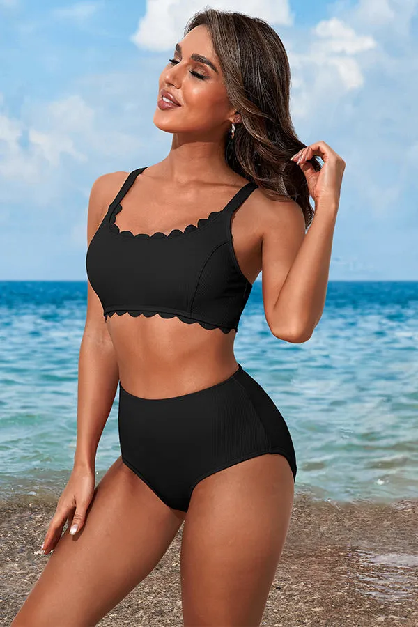 Solid Color U Neck Scalloped Wide Strap Bikini Suits