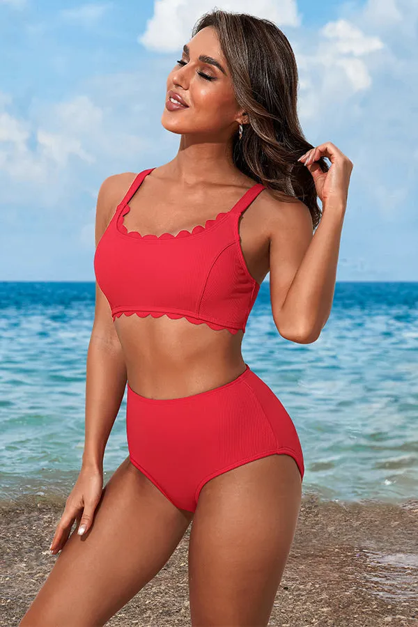Solid Color U Neck Scalloped Wide Strap Bikini Suits