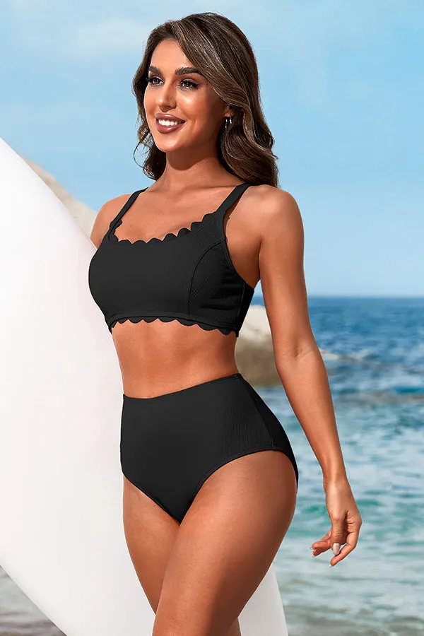 Solid Color U Neck Scalloped Wide Strap Bikini Suits