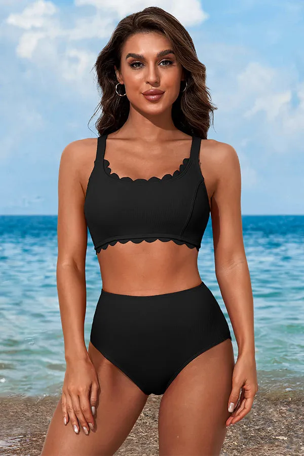 Solid Color U Neck Scalloped Wide Strap Bikini Suits