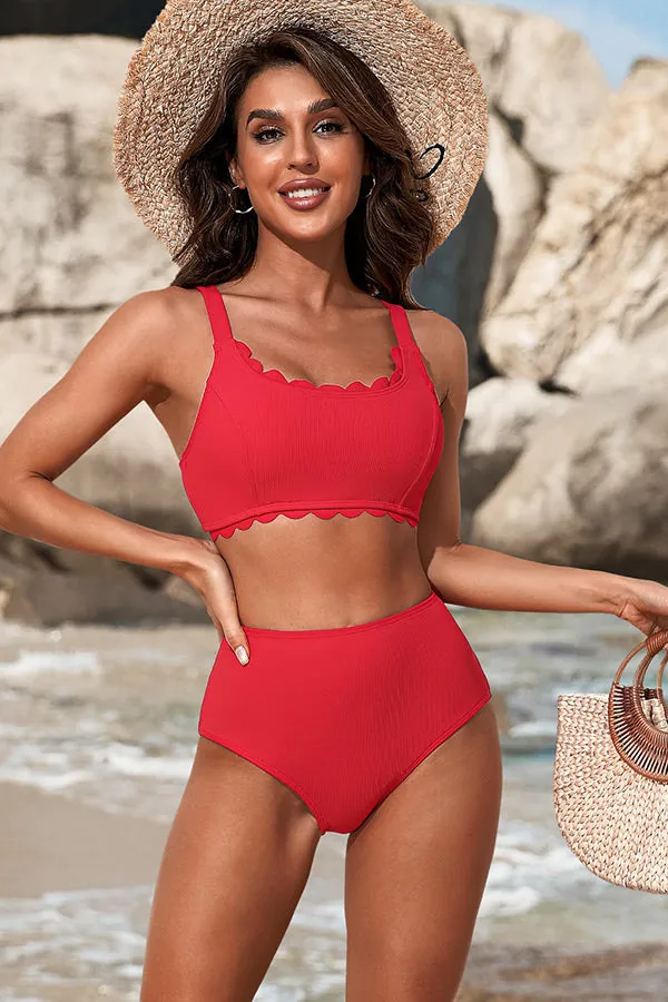 Solid Color U Neck Scalloped Wide Strap Bikini Suits