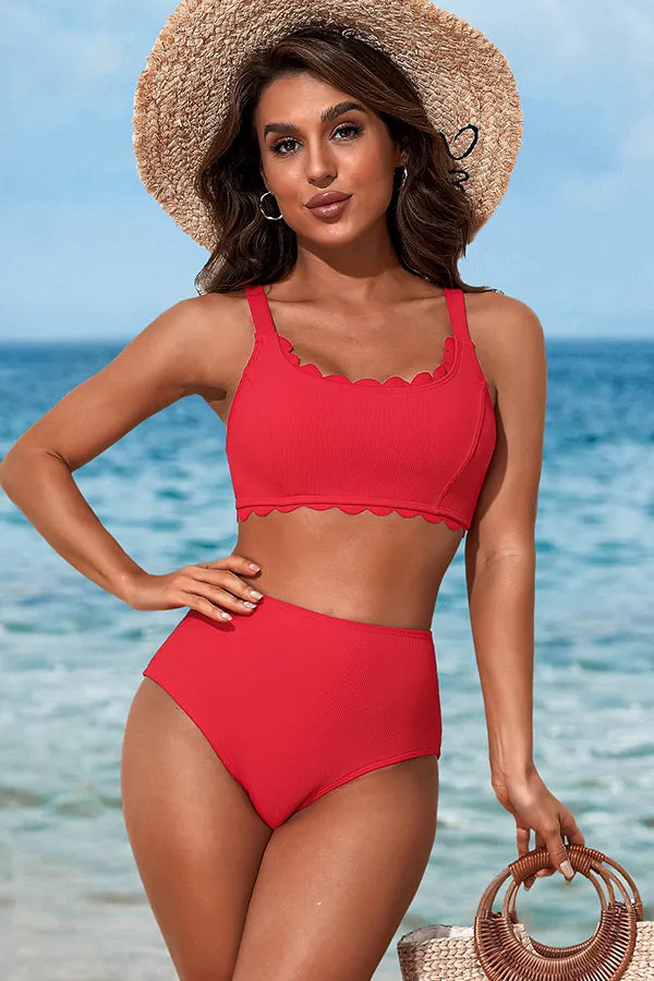 Solid Color U Neck Scalloped Wide Strap Bikini Suits