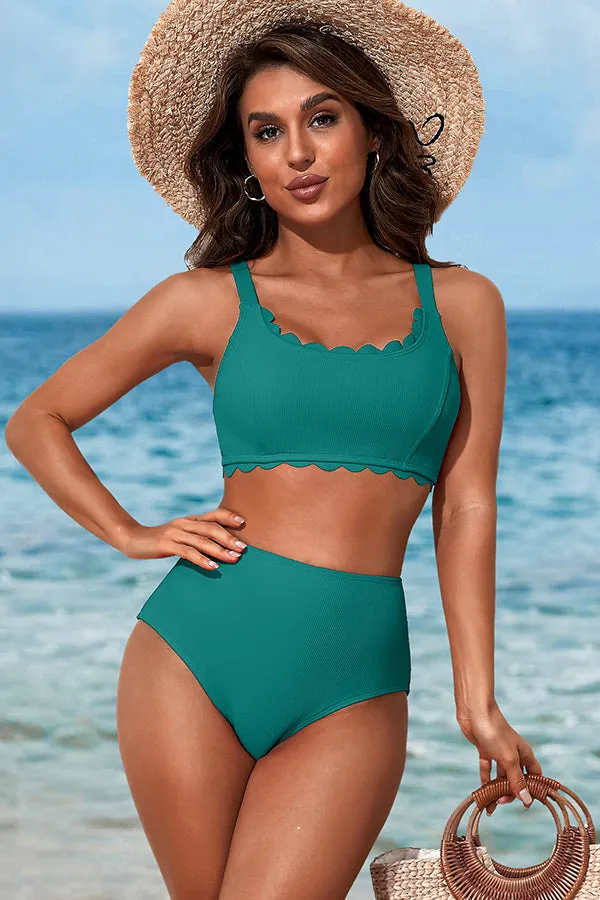 Solid Color U Neck Scalloped Wide Strap Bikini Suits