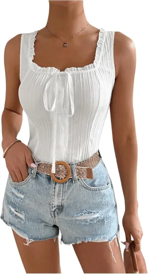 SOLY HUX Tank Top for Women Square Neck Sleeveless Frill Trim Button Down Summer Tops