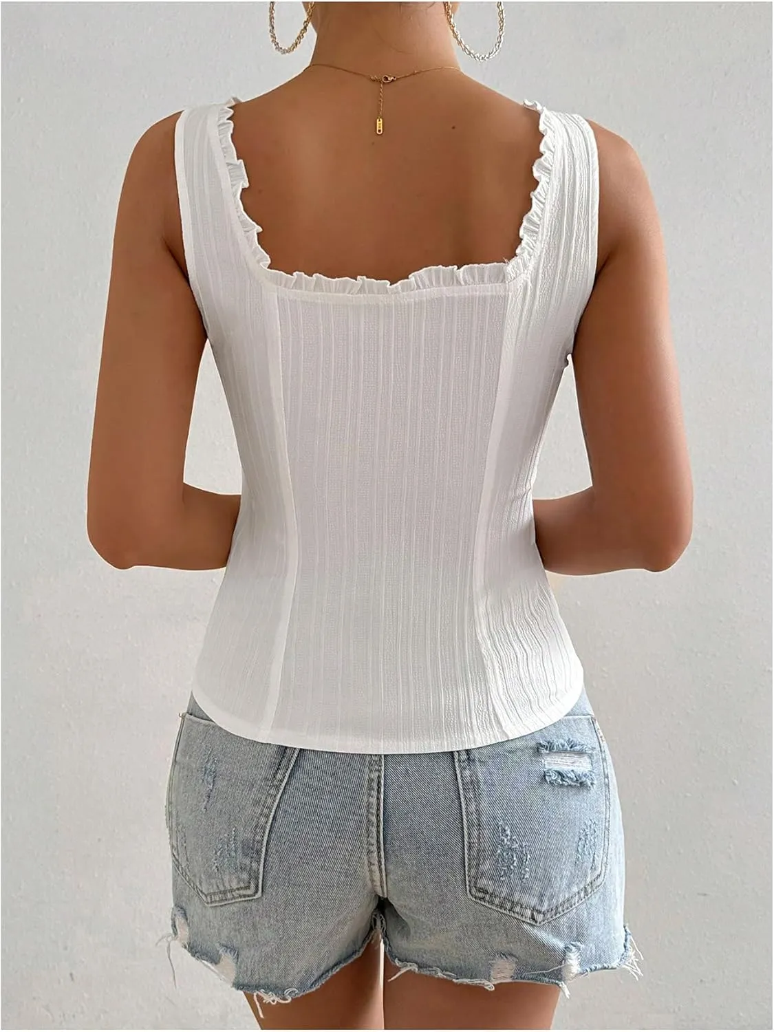 SOLY HUX Tank Top for Women Square Neck Sleeveless Frill Trim Button Down Summer Tops