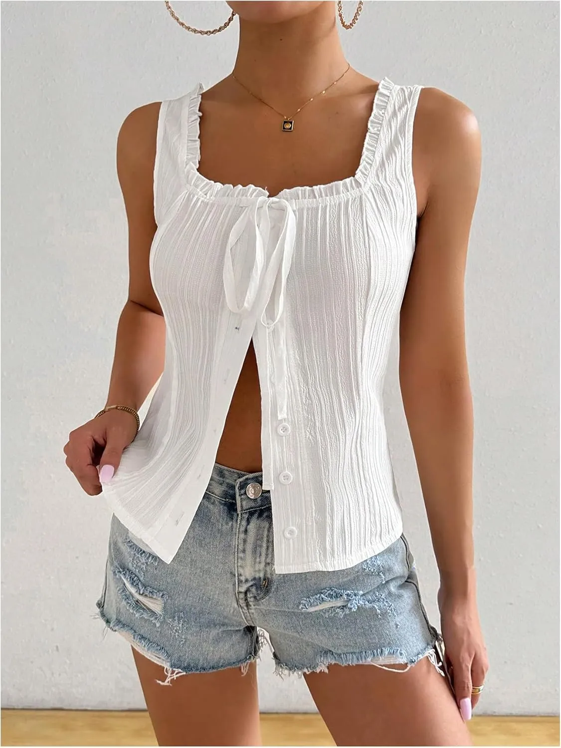 SOLY HUX Tank Top for Women Square Neck Sleeveless Frill Trim Button Down Summer Tops