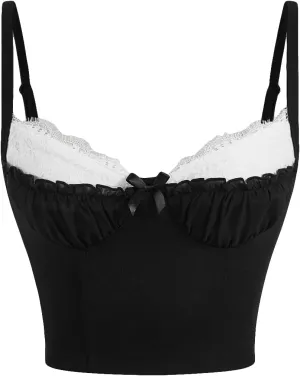 SOLY HUX Women's Contrast Lace Ruched Bust Cami Crop Top Y2k Slim Fit Tops