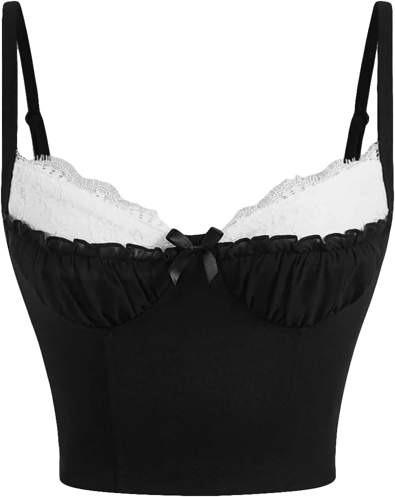 SOLY HUX Women's Contrast Lace Ruched Bust Cami Crop Top Y2k Slim Fit Tops