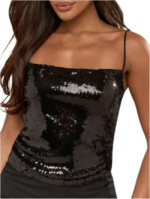 SOLY HUX Women's Glitter Sequin Cami Tops Spaghetti Strap Camisole Sleeveless Party Clubwear Top
