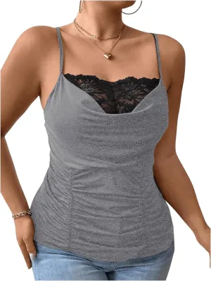 SOLY HUX Women's Plus Size Lace Trim Ruched Cami Tops Spaghetti Strap Draped Front Camisole