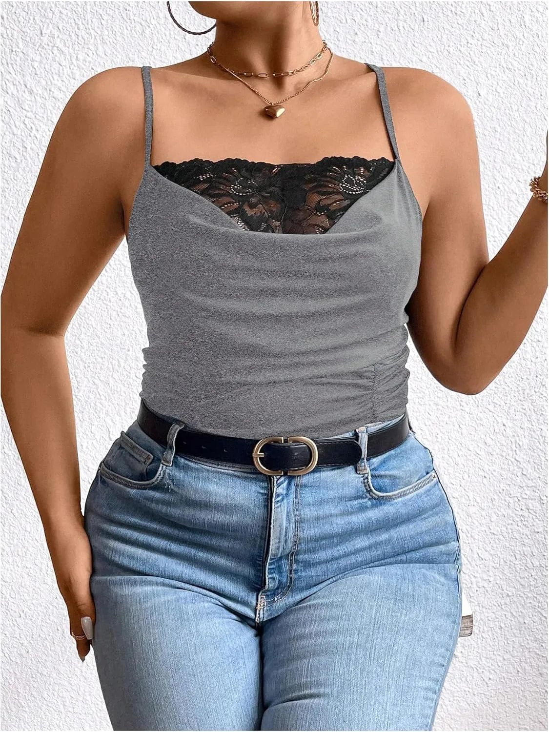 SOLY HUX Women's Plus Size Lace Trim Ruched Cami Tops Spaghetti Strap Draped Front Camisole