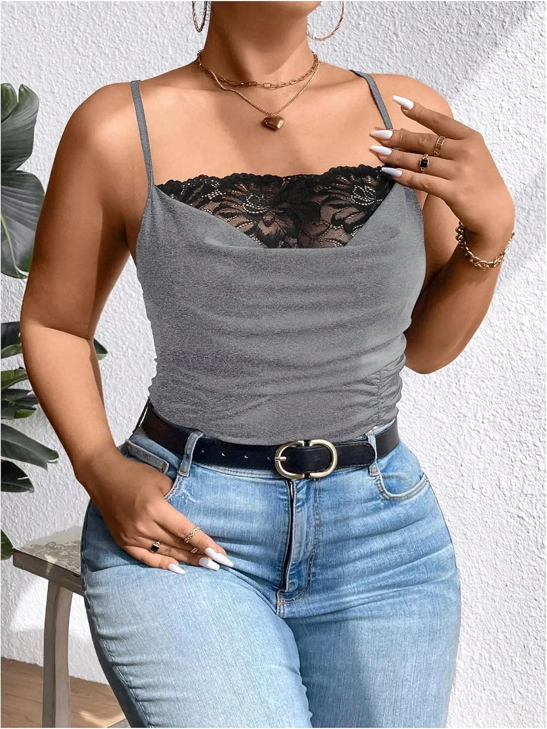 SOLY HUX Women's Plus Size Lace Trim Ruched Cami Tops Spaghetti Strap Draped Front Camisole